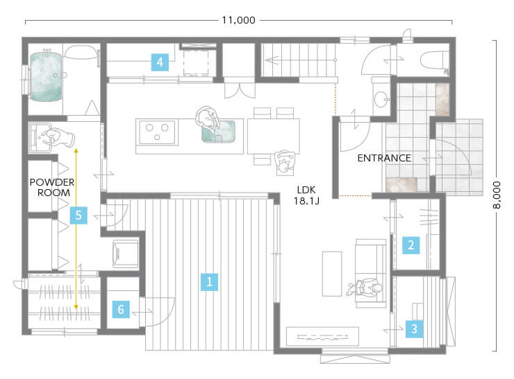 兵庫でウッドデッキのある住宅の1Fの間取り